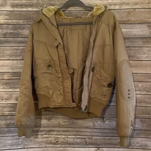 Tan puffer coat faux fur hood